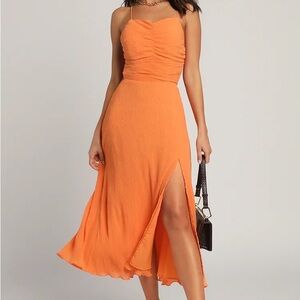 Lulus View From the Top Orange Plisse Sleeveless Lace-Up Midi Dress